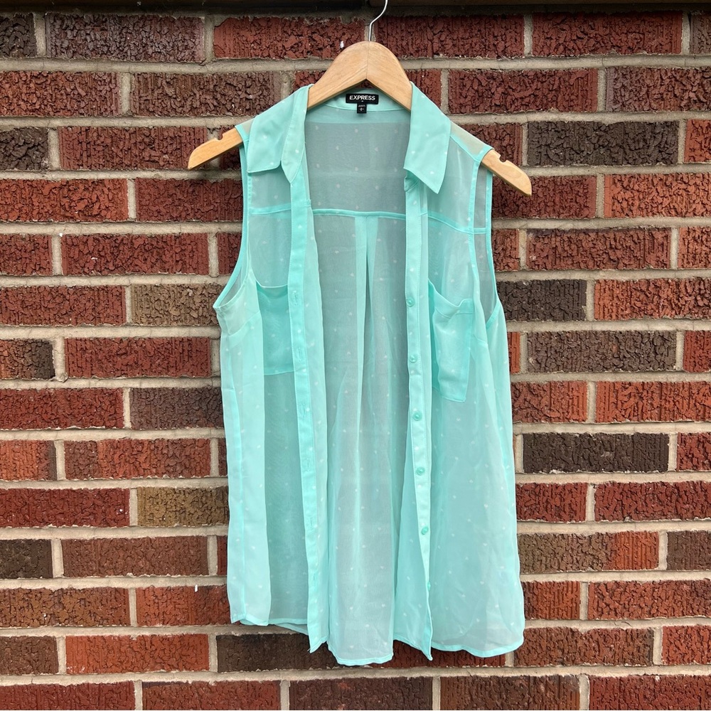 Express Mint Green and White Polka Dotted Chiffon Button Down Tank Top